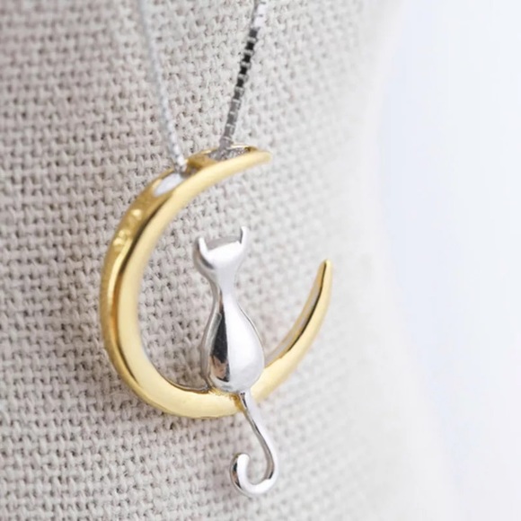 Kitty Cat on a Golden Crescent Moon Pendant - Picture 3 of 7